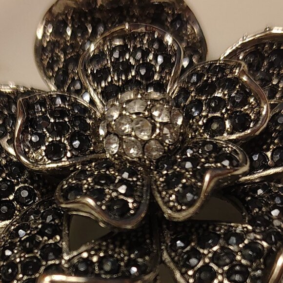 Vtg Black & Clear Pave Rhinestone Flower Mourning Brooch Silver Tone - Picture 3 of 5